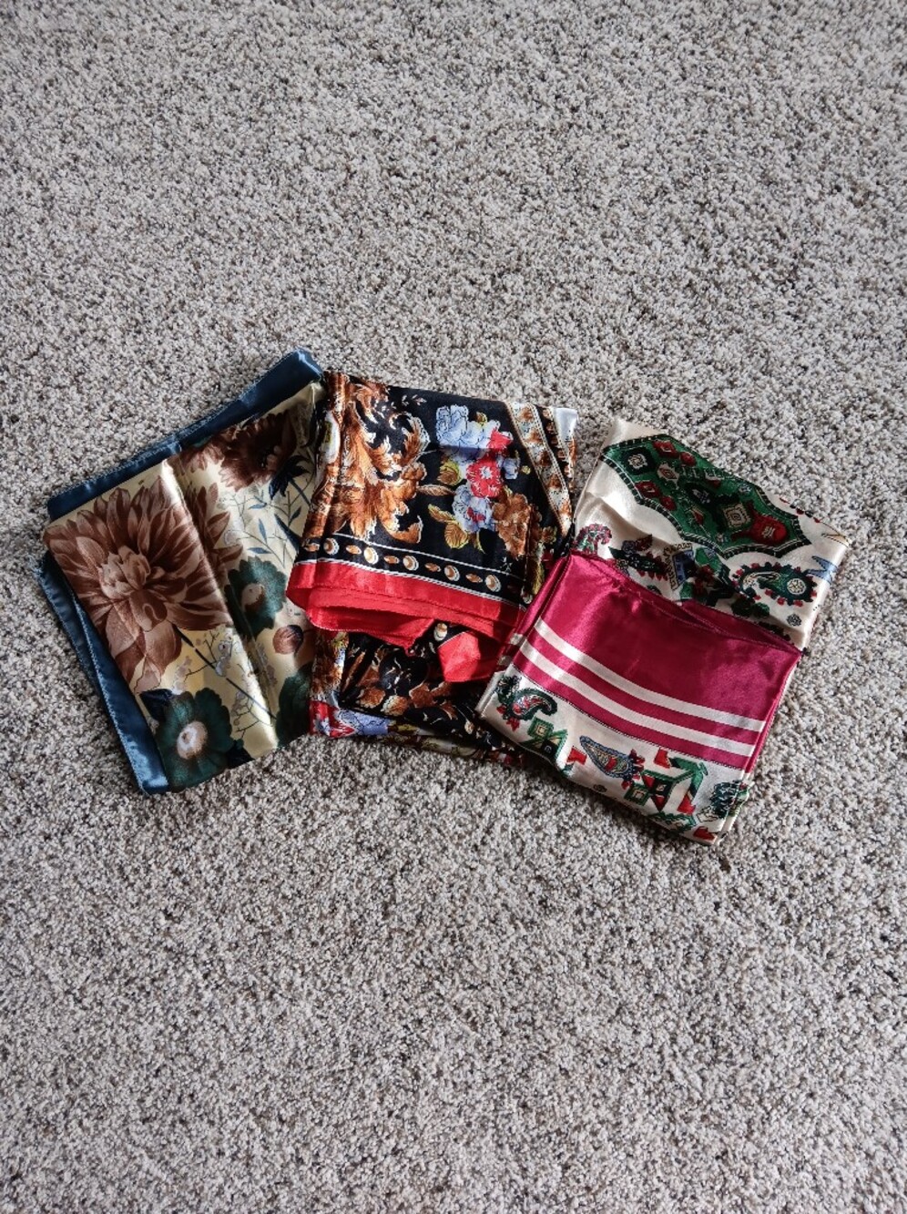 Lot Of 3 Silky Floral Geometric Scarf Hankies Preppy Old Money